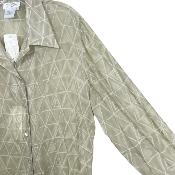 Vtg 90s NWT Tess 100% Silk Button Down Blouse Green Beige Semi-Sheer Size L - Picture 4 of 11